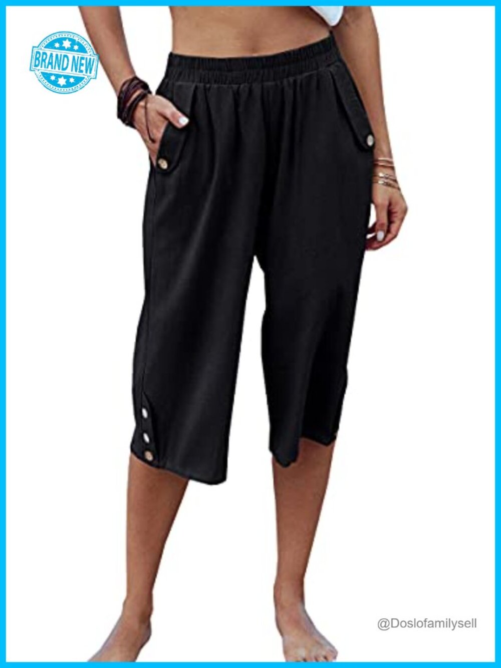 Women's Elastic Waist 3/4 Capri Harem Pants with Pockets Loose Yoga Trousers